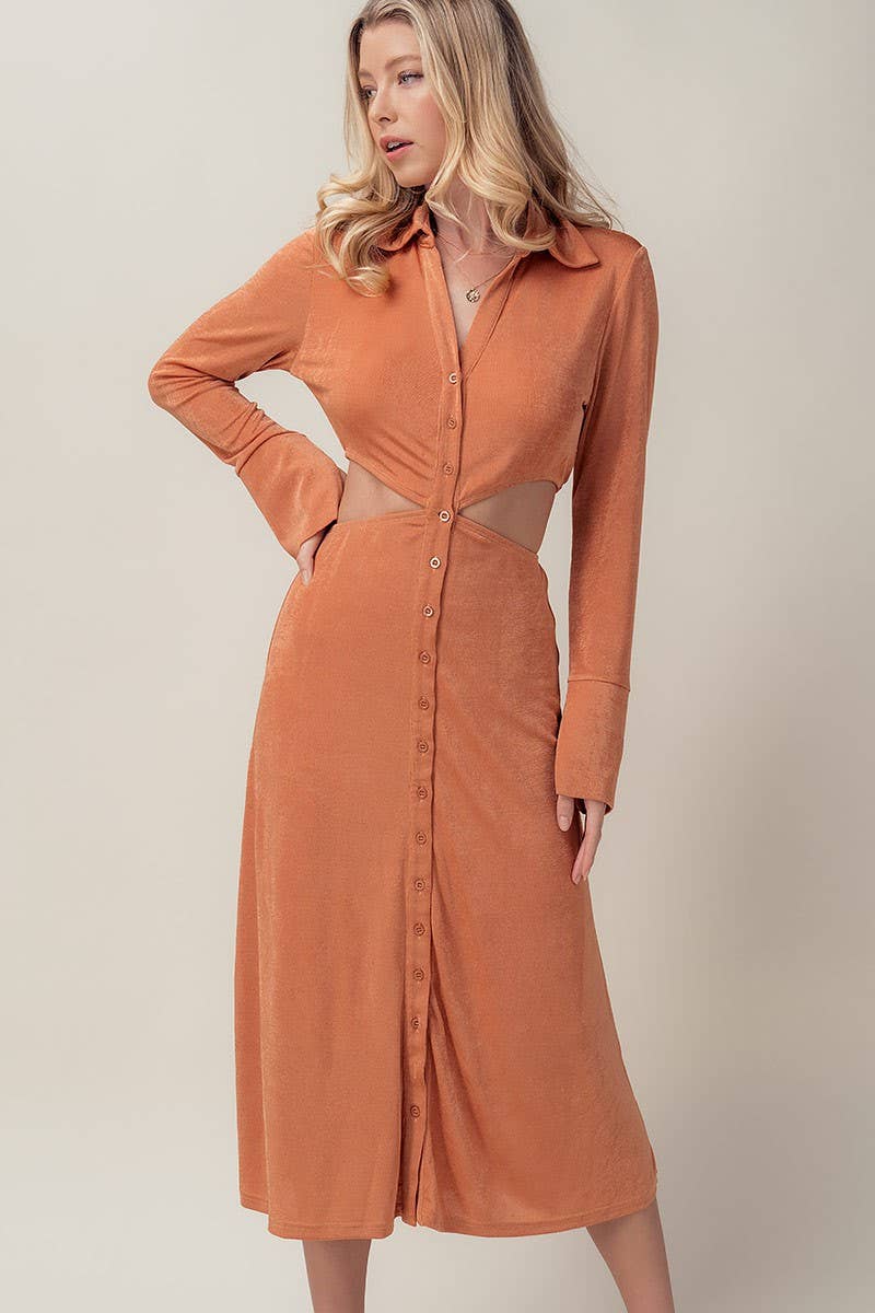 Button Cut Out Midi Dress - Dusty Coral