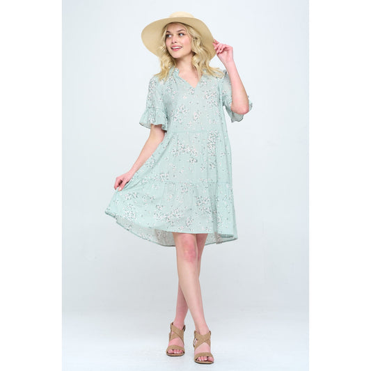 Floral V-Neck Tiered Dress - Sage