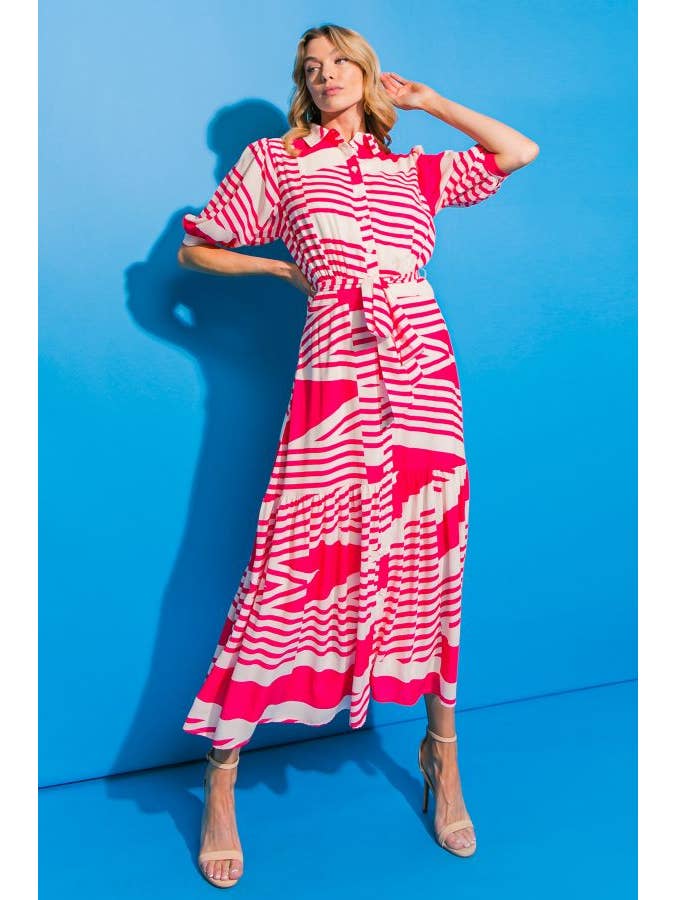 Printed Woven Midi Dress - Pink Ivory