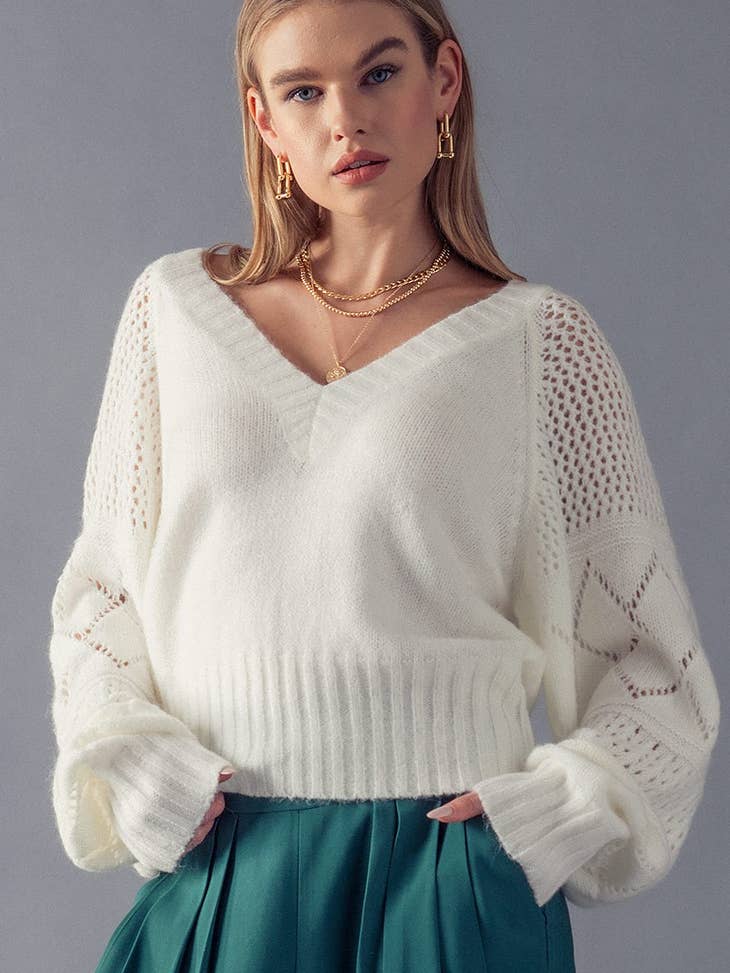 Pattern Sleeve Detail Sweater - White