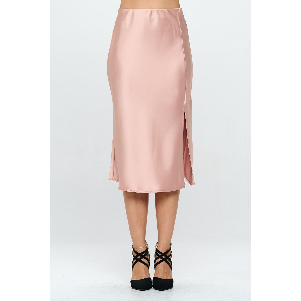 Solid Satin Midi Skirt with Slit - Rose