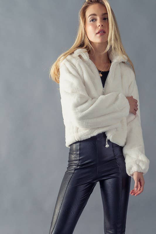 Faux Fur Zip Crop Jacket - Ivory