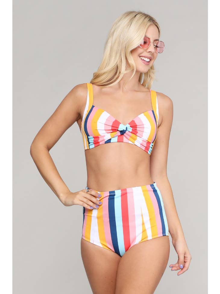 High Waisted Crossed Swimsuit - Multi Stripe