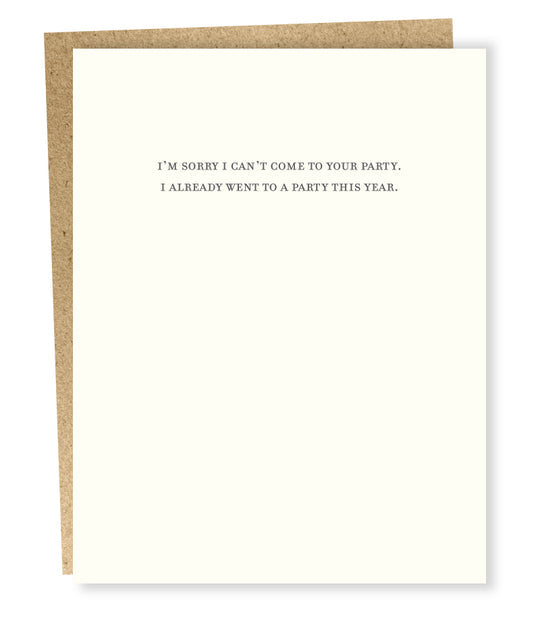 Can't Come To Your Party Card by Sapling Press