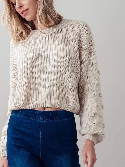 Pom Pom Detail Sleeve Sweater - Oatmeal