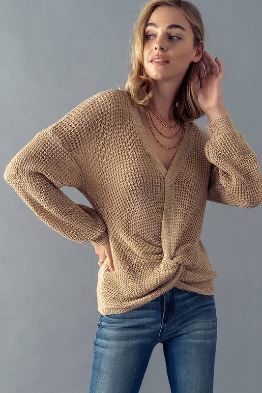Waffle Knit Twist Front Top - Taupe