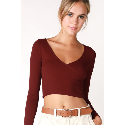 Ribbed Surplice Crop Top - Sundried Tomato