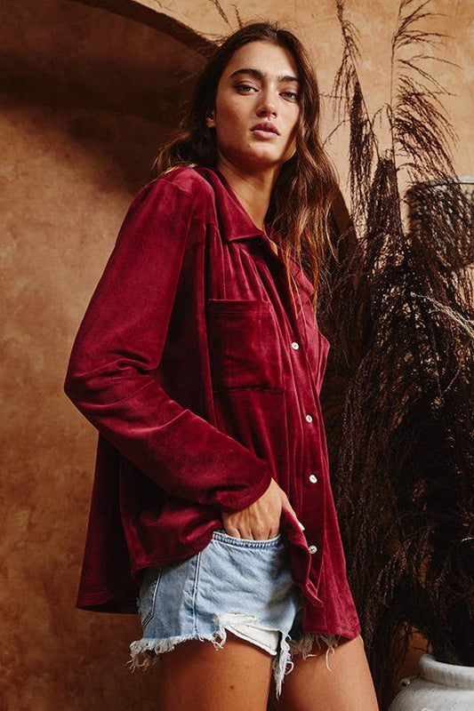 Loose Fit Stretched Velvet Shirt - Burgundy