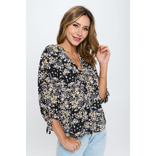 Floral Print Top with Self Tie Sleeves - Black