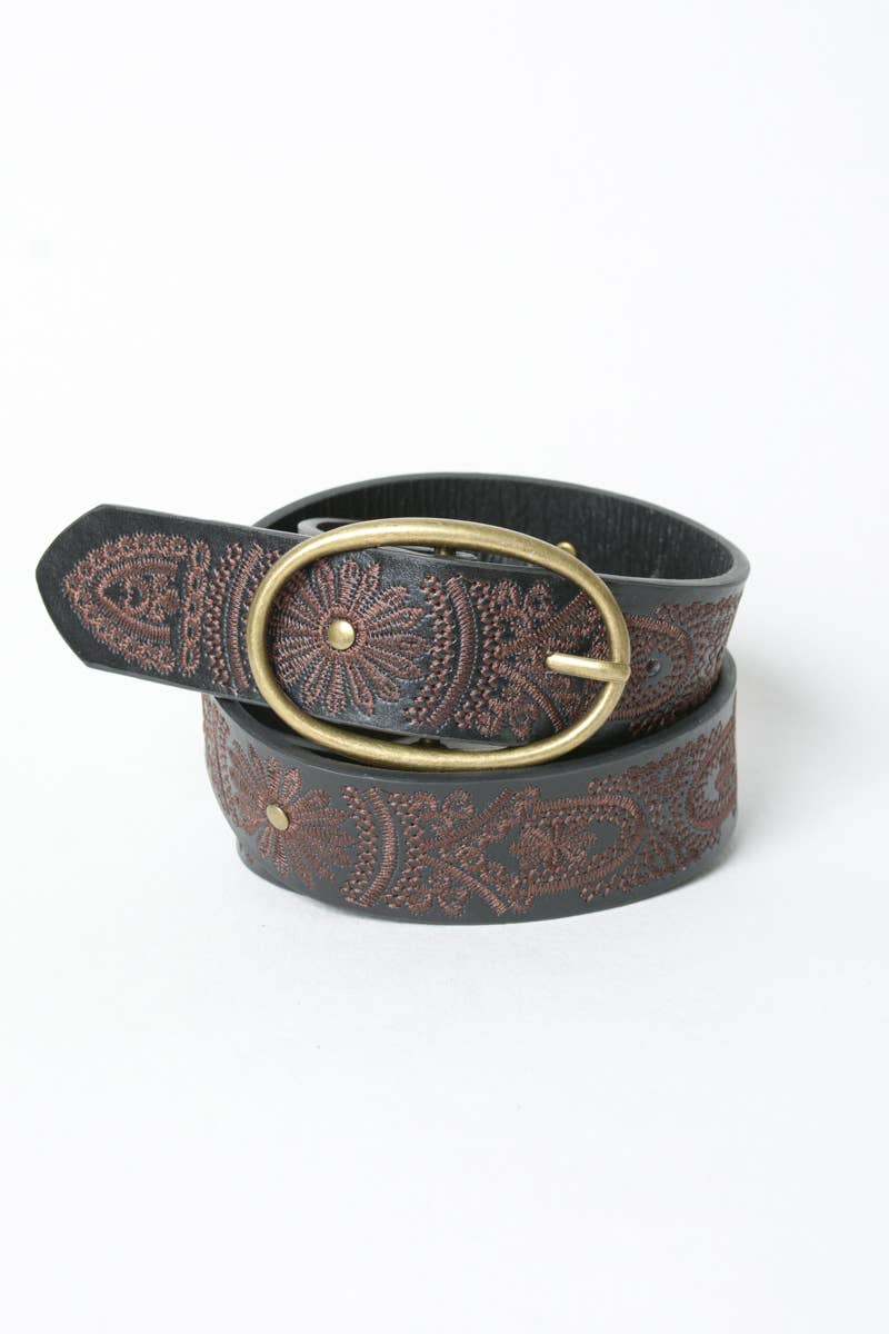 Floral Stitch Oval Buckle Belt - Black