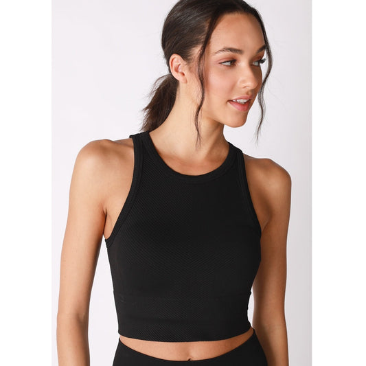 Chevron Highneck Crop Top - Black