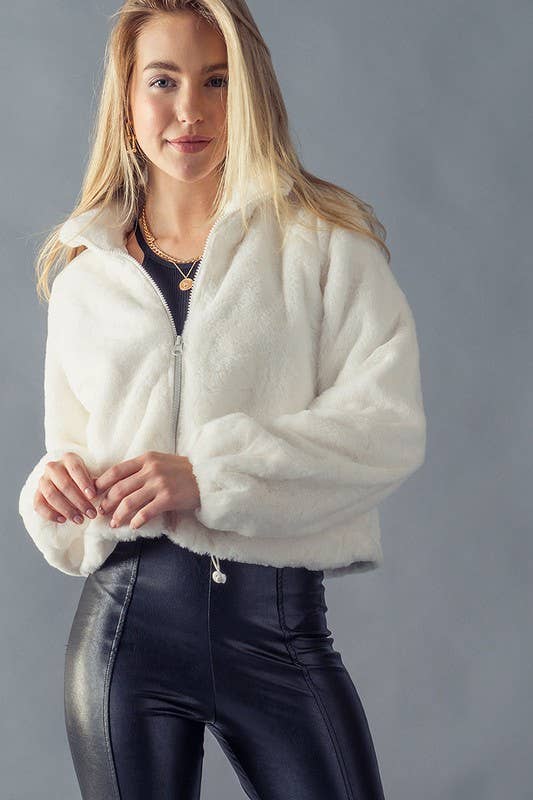 Faux Fur Zip Crop Jacket - Ivory