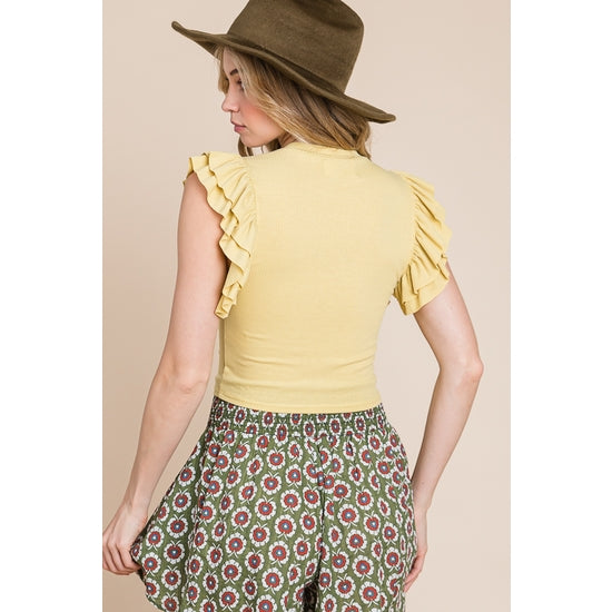 Ruffled Sleeve Cropped Top - Yellow