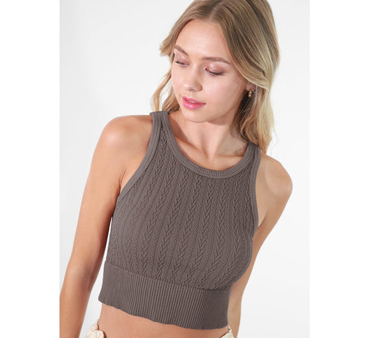 Cable Knit Highneck Crop Top - Pewter