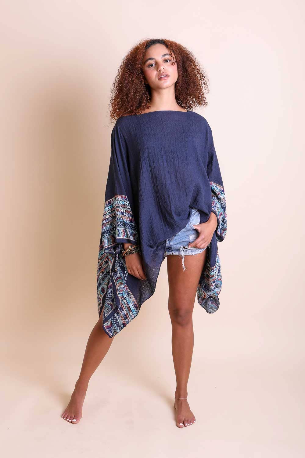 Geometric Embroidered Sleeve Kimono - Navy