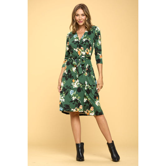 Floral Print V Neck Wrap Dress - Green