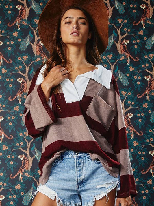 Rugby Stripe Pullover Top- Burgundy / Mocha