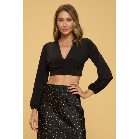 V Neck Long Sleeve Crop Top - Black