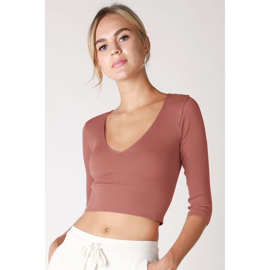 3/4 Sleeve V Neck Crop Top - Mahogany