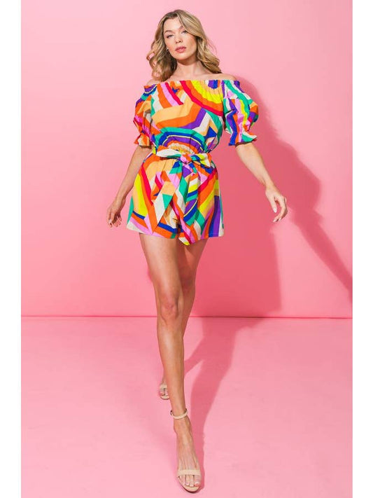 Printed Poplin Romper - Rainbow