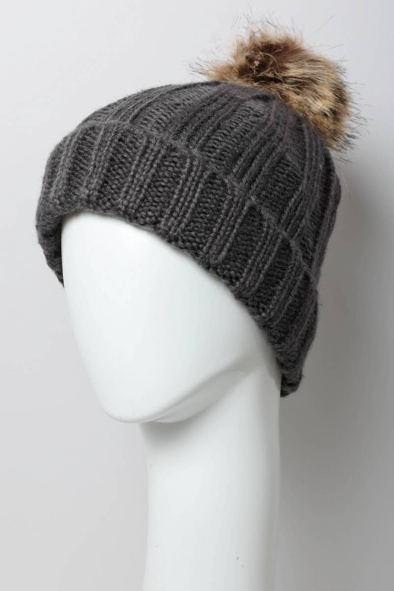 Ribbed Faux Fur Pom Beanie - Gray