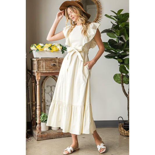 Ruffle Sleeve Midi Dress - Cream