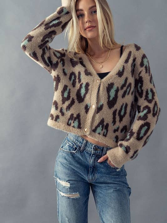 Leopard Cropped Cardigan - Mocha