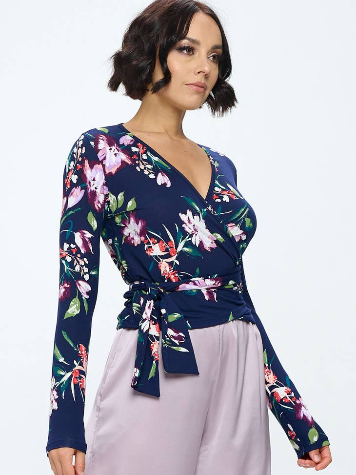 Surplice Top with Long Sleeves - Floral Multi