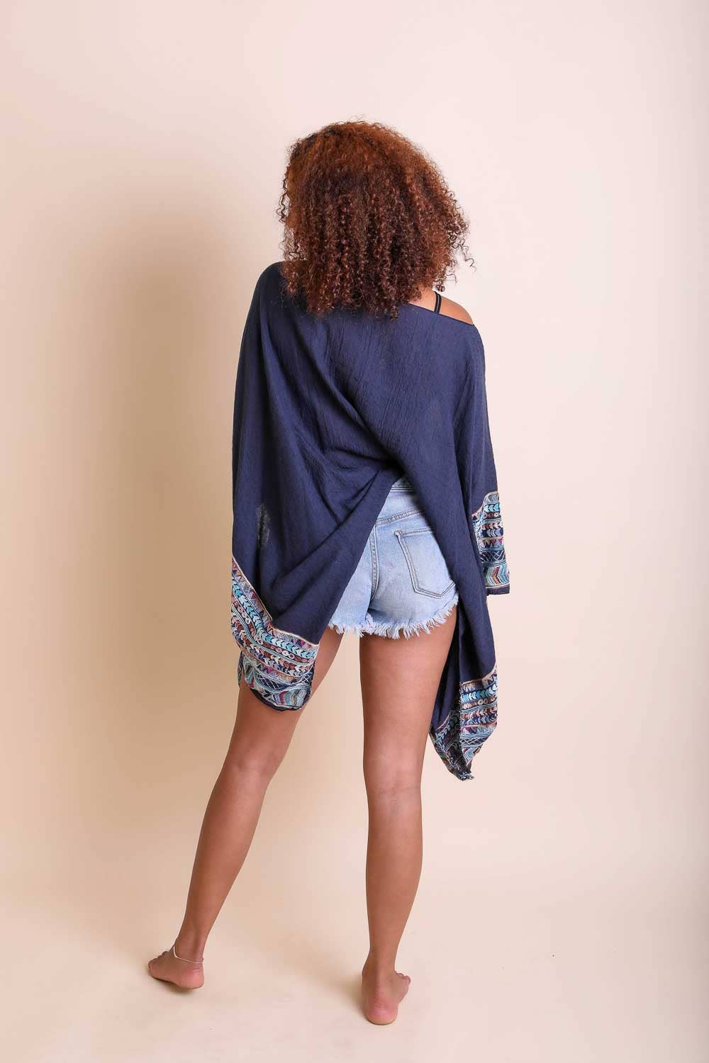 Geometric Embroidered Sleeve Kimono - Navy