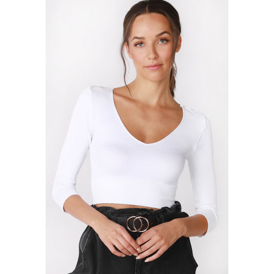 3/4 Sleeve V Neck Crop Top - White