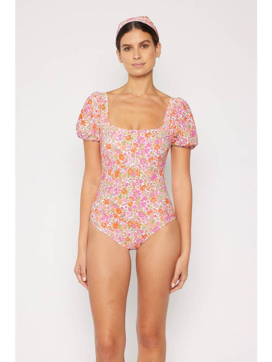 Puff Sleeve One Piece Swimsuit - Pink Floral