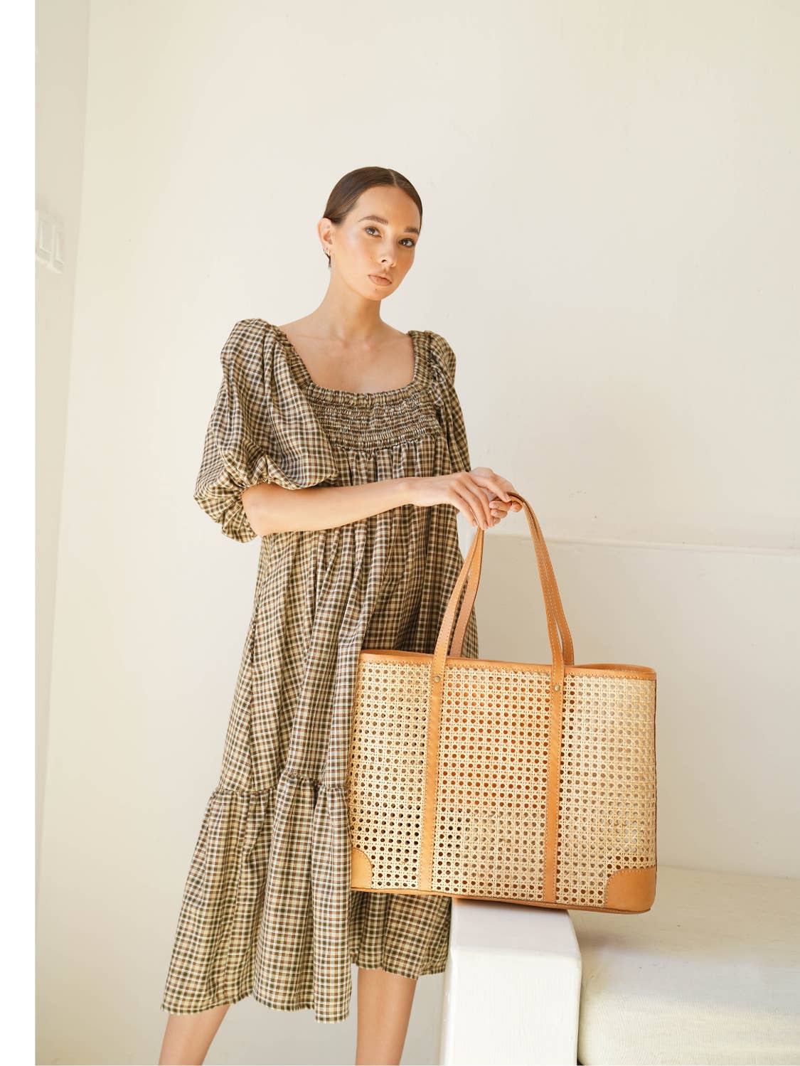 Mia Woven Rattan and Leather Tote - Large