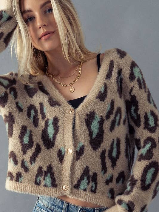 Leopard Cropped Cardigan - Mocha