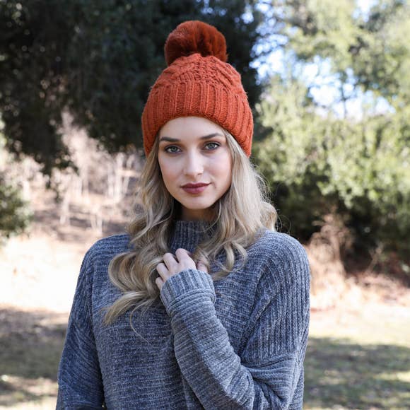 Cable Knit Faux Fur Pom Beanie - Rust