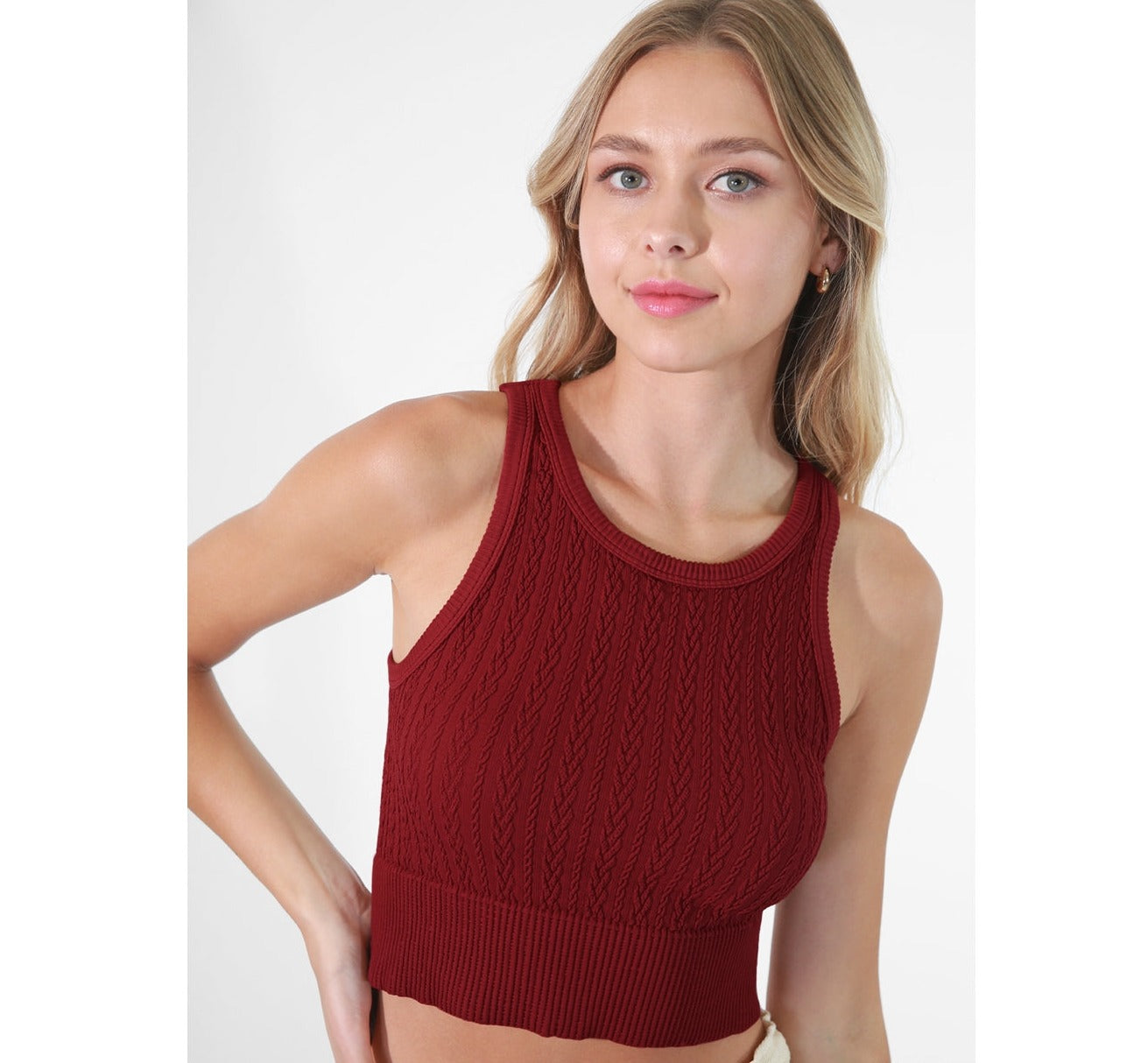 Cable Knit Highneck Crop Top - Sundried Tomato