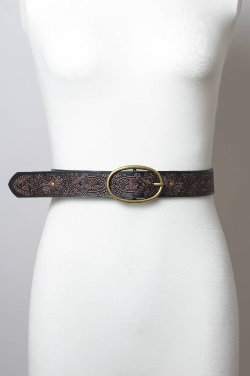 Floral Stitch Oval Buckle Belt - Black