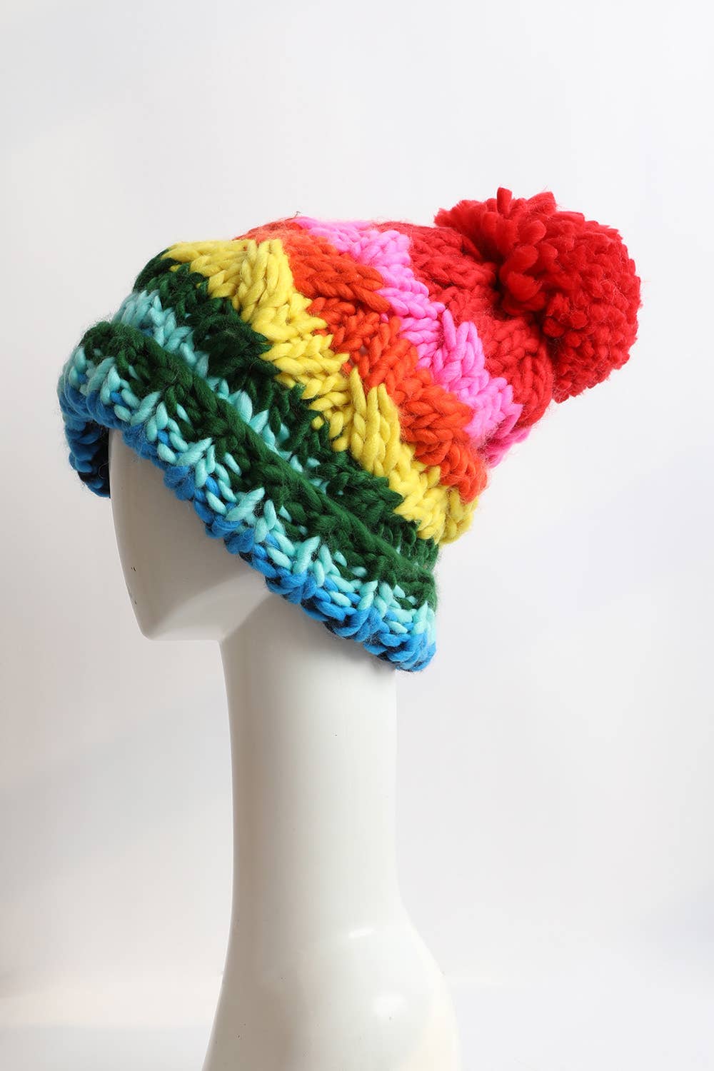 Chunky Cable Knit Beanie - Red Pom