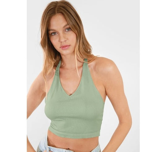 Lace Back Halter Crop Top - Basil