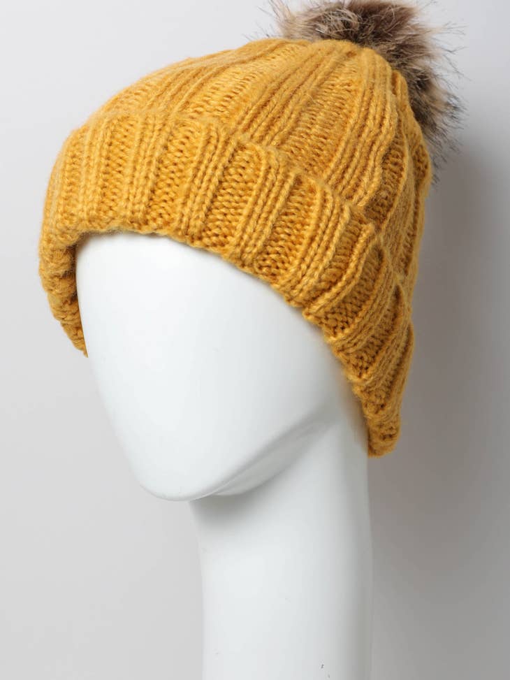 Ribbed Faux Fur Pom Beanie - Mustard