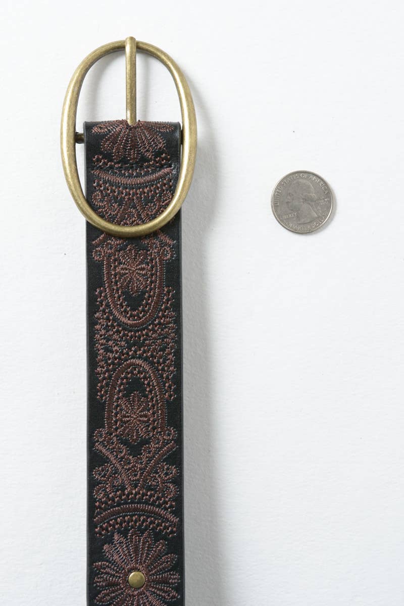 Floral Stitch Oval Buckle Belt - Black