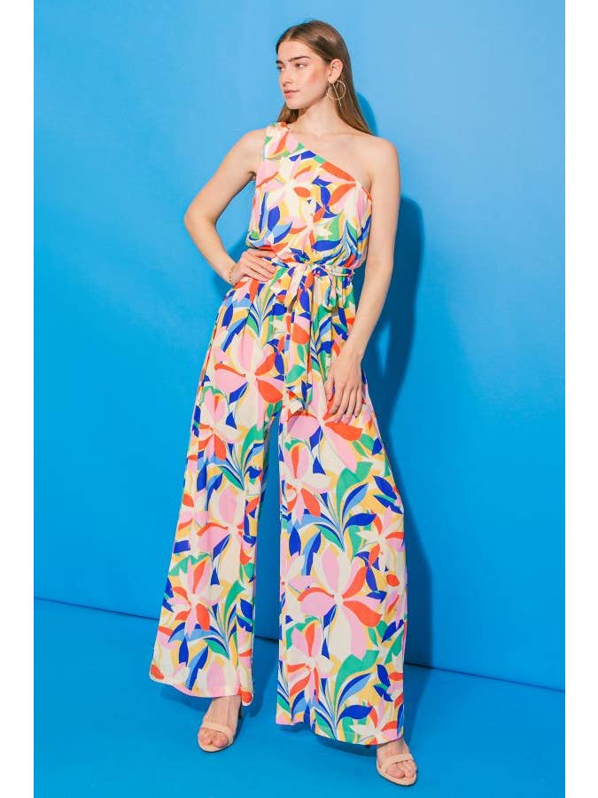 Printed Woven Jumpsuit - Pink Blue