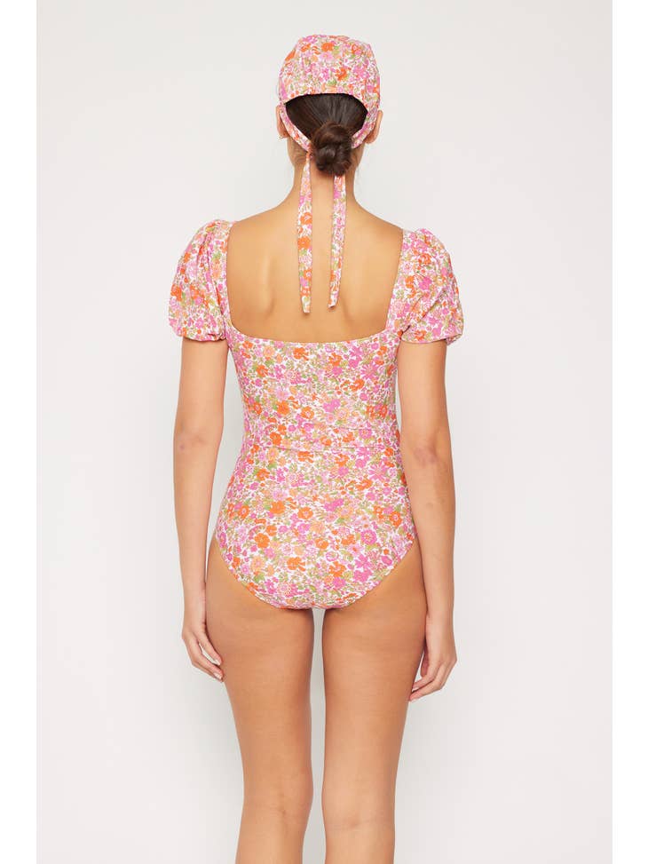 Puff Sleeve One Piece Swimsuit - Pink Floral