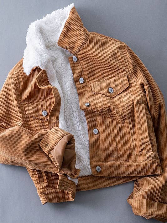 Corduroy Fleece Lined Crop Jacket - Camel