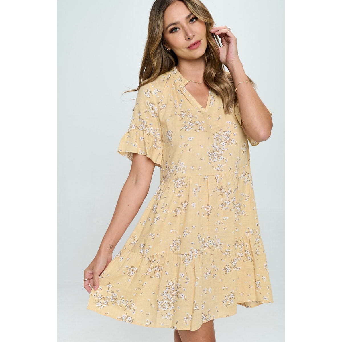 Floral V-Neck Tiered Dress - Yellow