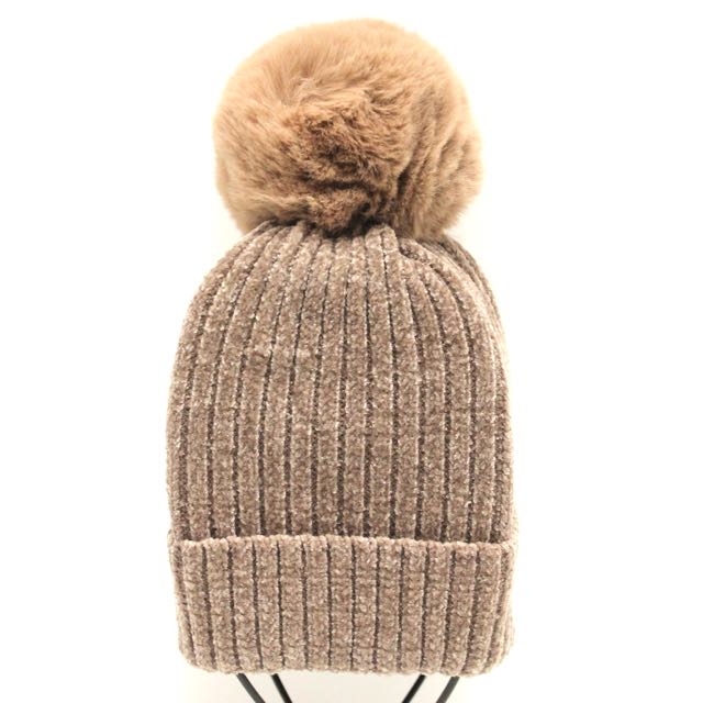 Fuzzy Pom Pom Hat - Taupe