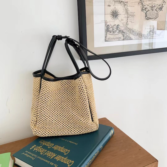 Woven Leather Trim Tote - Black