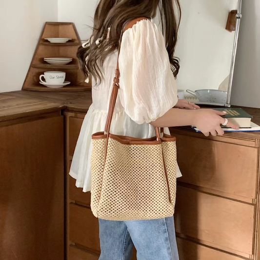 Woven Leather Trim Tote - Brown