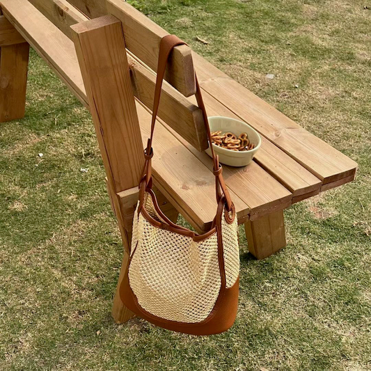 Woven Leather Bottom Tote - Brown