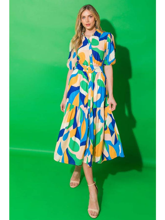 Printed Woven Midi Dress - Blue Green