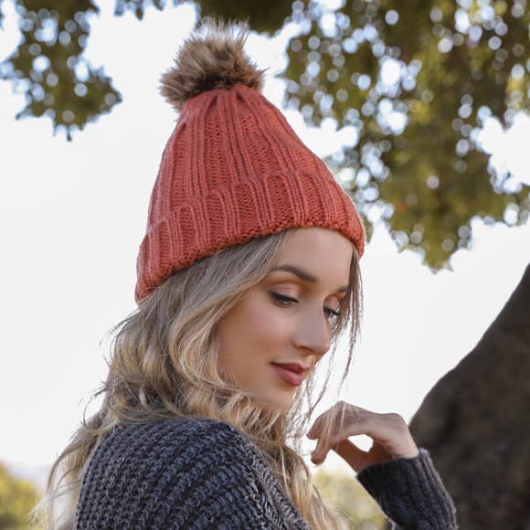 Ribbed Faux Fur Pom Beanie - Persimmon